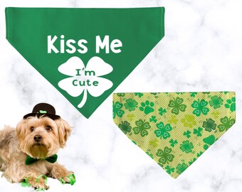 Kiss Me I'm Cute St. Patrick's Day Bandana, Reversible Dog or Cat Bandana, Green Shamrock, Over the Collar, Slip on, St. Pawtrick's Day