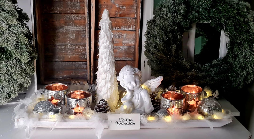 XXL Christmas Angel Advent Advent Wreath Silver White With LED Lanterns ...