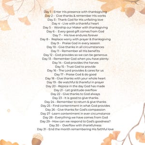 May include: A printed focus guide titled A Harvest of Gratitude featuring a 31-day list of daily prompts centered on thankfulness and faith. The document is decorated with watercolor illustrations of autumn leaves and acorns in shades of orange.