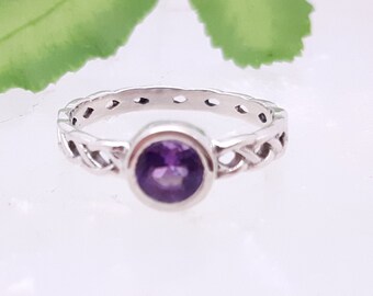 Rustic Engagement Ring, Amethyst Birthstone Ring, Amethyst Celtic Ring, Stacking Ring, February Birthstone Ring, Sterling Silver, Raw