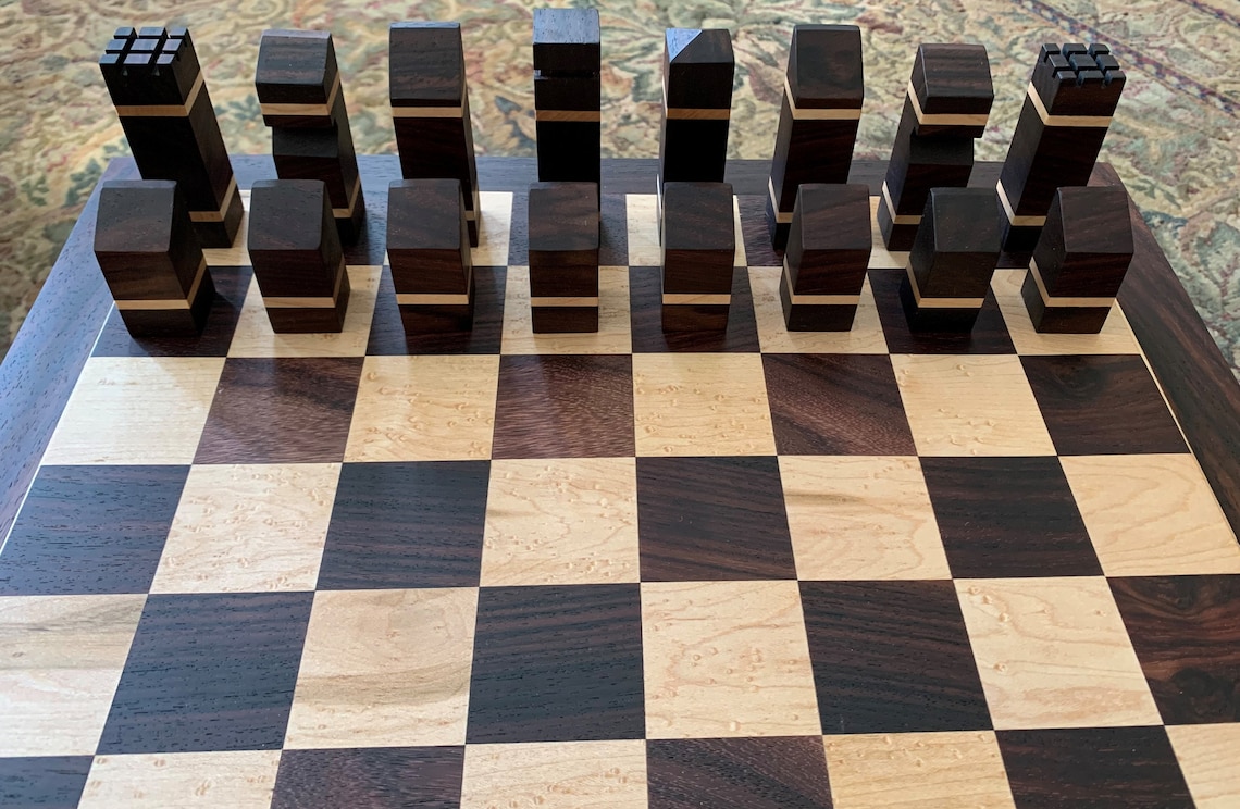 Handmade Wood Modern Chess Board and Set One of a Kind Etsy