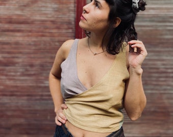 Topp envolvente tricolor LINEN TOP planta botánica teñida hecha a mano boho naturlig único Tamaño justerbar tela de lino