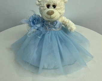 Quinceanera  Plush  Teddy Bear - Size: 12 inches - Baby Blue Color Dress  --  FREE  USA Shipping -- (Quince-Bear5-BBlue)