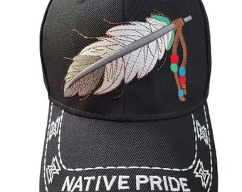 White Feather Native Pride Baseball Cap Embroidered - Black Color - Uni-Sex Style -- FREE  USA  Shipping -- (CapNp515B)