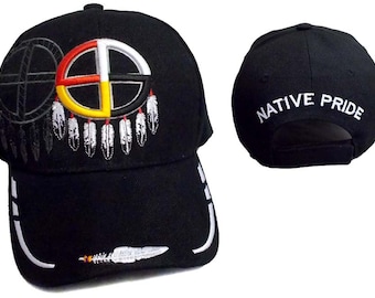 Medicine Wheel Native Pride Baseball Caps Hats Embroidered - Black Color Uni-Sex Style -- FREE USA Shipping-- (CapNp268B)