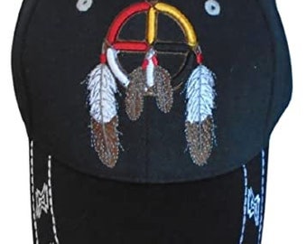 Native Pride Baseball Caps und Mützen Medizinrad gestickt - Schwarze Farbe - Uni-Sex-Stil - KOSTENLOSER USA-Versand - (CapNp502B)