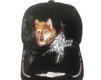Wolf & Feathers Native Pride Baseball Caps  Embroidered - Black Color - Uni-Sex Style -- FREE USA Shipping-- (CapNp364B)