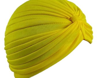 Women's Stretchy Turbans Head Chemo Pleated Hats - Solid Colors - Yellow Color - 1Pc (FREE  USA  Shipping*   (Turban1)