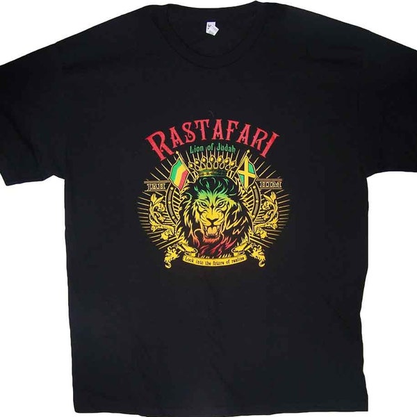 Rastafari Reggae Rasta T-Shirt  Lion of Judah T-Shirt US Screen Printed  - Black Color - Uni-Sex Style -- FREE USA Shipping -- (RrTs30C)