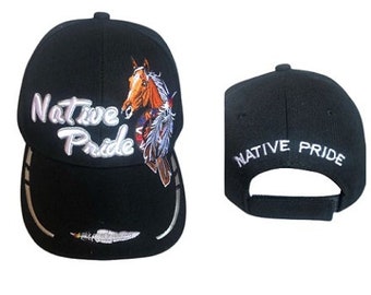 Horse & Feathers Native Pride  Baseball Cap Embroidered  - Black Color - Uni-Sex Style -- FREE  USA Shipping-- (CapNp667B)