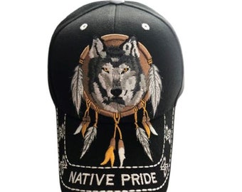 Wolf & Dream Catcher Native Pride Baseball Cap Embroidered  - Black Color - Uni-Sex Style  --FREE USA Shipping--(CapNp506B)