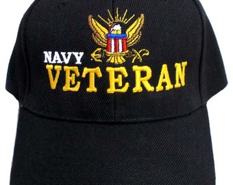 Militär bestickte Baseballkappen ........ Navy Veteran - Black Color - Uni-Sex Style *Free USA Shipping* (7506N49)
