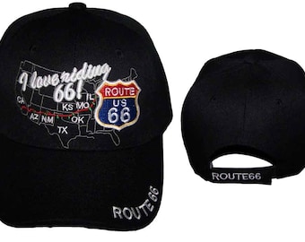 Gorra de béisbol Route 66 Me encanta montar 66 bordado - Color negro - Estilo Uni-Sex -- Envío GRATIS a EE. UU.-- (7508CW)