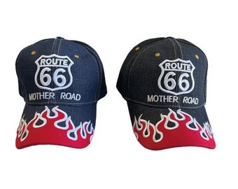 Flames Route 66 Baseball Cap Embroidered  - Navy Color - Uni-Sex Style -- FREE  USA  Shipping -- (7508-144N)