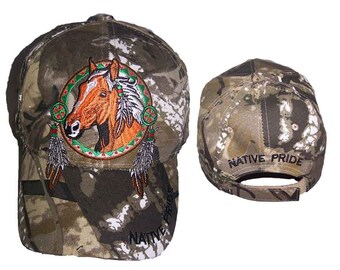 Horse & Medicine Wheel Native Pride Baseball Caps - Camo Color - Uni-Sex Style -- FREE USA Shipping--(CapNp657C)