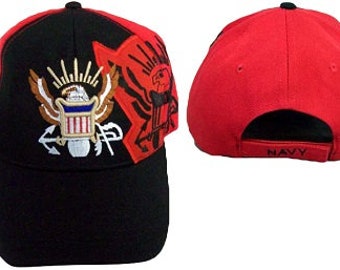 Navy Military Baseball Cap bestickt - Schwarz & Rot Farbe - Uni-Sex Style *Free USA Shipping* (7506N15)