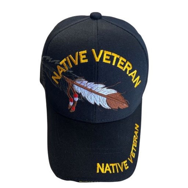 Feather Native Veteran Baseball Cap Embroidered - Black Color  -Uni-Sex Style  *FREE  USA Shipping*  (CapNp482B)