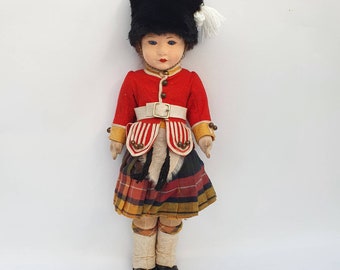 Vintage 1930s British Chad Valley Scottish Guard Felt Cloth Military Soldier Doll