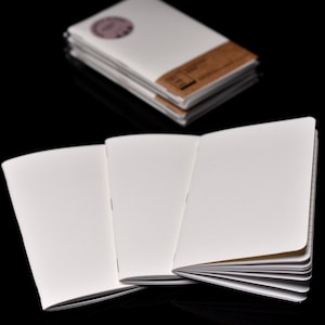 May include: Three blank white notebooks are open and fanned out on a black surface. The notebooks are bound with a white stitching and have a cream colored interior.