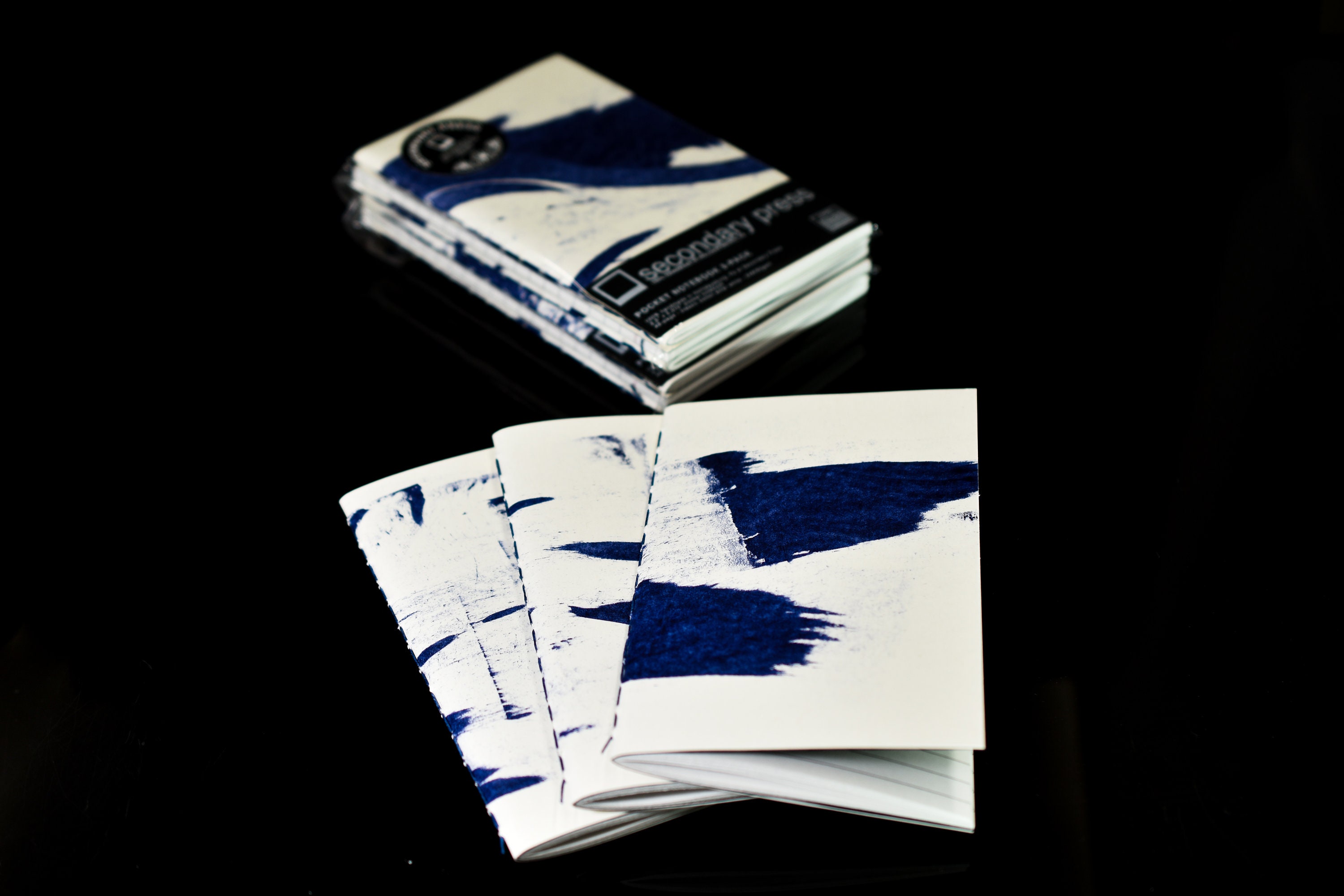 Premium Handmade Pocket Notebook 3-Pack: Blue Ink Blot Lined Journal