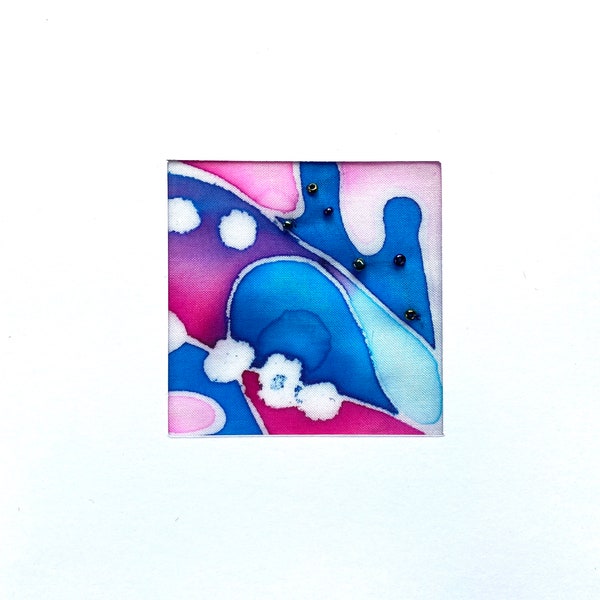 Handmade batik pink, blue and purple beaded blank card