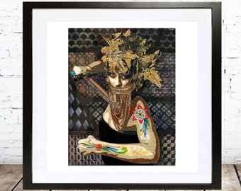May include: A framed print of a woman with a gold leaf headdress and colorful tattoos on her arms. She is wearing a black dress and a gold necklace. The background is a collage of different patterns and textures.