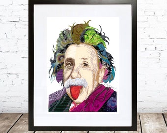 May include: A colorful, abstract portrait of Albert Einstein with his tongue sticking out. The portrait is made of paper and fabric, and is framed in black.