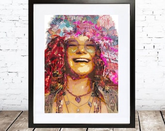 May include: A colorful collage portrait of a smiling woman with long red hair wearing a flower crown and sunglasses. The background is a mix of colorful patterns and text.