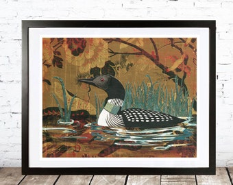May include: A black and white loon with a red eye swims in a pond with a gold, green, and red floral background.