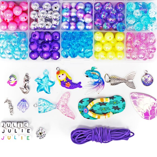 Magical Mermaid Girls Personalized Bead DIY Gift Craft Kit for Necklaces and Bracelets with Adorable Rainbow Kawaii Colors and Charms!