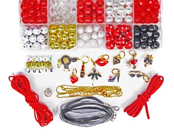 Enamel Dress Up Girls Personalized Bead DIY Craft Gift Kit Necklaces and Bracelets Red, Back and Gold with Stunning Enamel Charms!