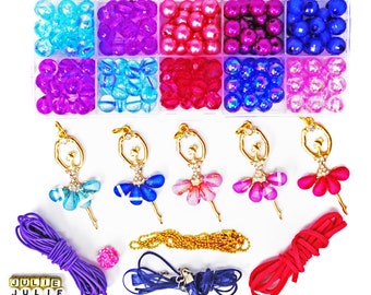 Ballerina Pendants Personalized Girls Bead DIY Gif Kit for Necklaces in Rainbow Colors with Extra Large Jewel Charms!