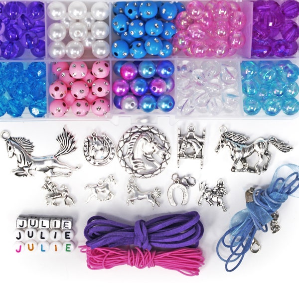 Heavenly Horses Girls Personalized Bead DIY Gift Craft Kit For Necklaces and Bracelets in Blue, White, Pink, Purple with Silver Charms!