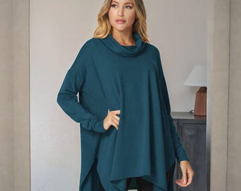 Oversized Turtle Neck Viscose Modal Tunic Top - Custom Length, Plus Size, Petite, Tall, Handmade