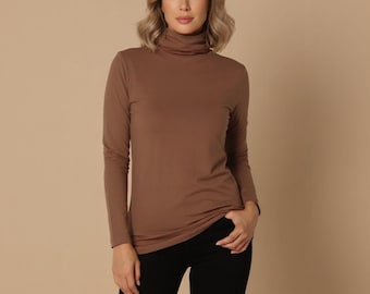 Handmade Ruched Turtleneck Top with Long Sleeves, Buttery Soft Stretch Jersey, Custom Length Available