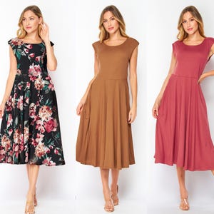 Custom Made Easy & Comfy Flowy Cap Sleeve Midi Dress with Pockets - Buttery Soft, Breathable, Travel-Ready, Wrinkle-Free, Handmade in USA