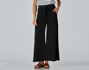 Wide Leg Palazzo Pants with Pockets: Soft High-Waist Lounge Trousers - Handmade in USA