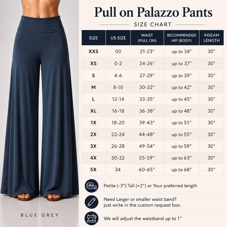 Puede incluir: Pantalones palazzo de color azul gris&aacute;ceo con cintura ancha y una tabla de tallas que muestra tallas estadounidenses de 00 a 34, medidas de cintura de 21 a 65 pulgadas y una entrepierna de 30 pulgadas, con notas sobre ajustes de longitud.