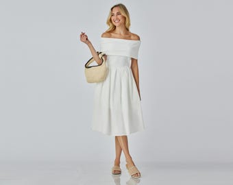 Custom Made Cotton Off the Shoulder Dress with Pockets, Available in Plus, Petitie and Tall