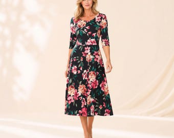 Customizable Flowy Flared Dress with Elbow Sleeves and Pockets | Maternity & Travel-Friendly | Handmade in the USA