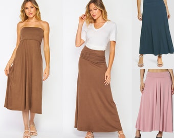 Convertible  Folded Waist Maxi Skirt/ 2-in 1 Flare Skirt, Flowy Skirt/ Plus Size Maxi Skirt/Lounge Skirt/ Sustainable/ Made in USA