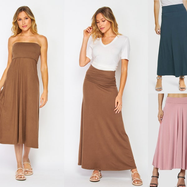 Convertible  Folded Waist Maxi Skirt/ 2-in 1 Flare Skirt, Flowy Skirt/ Plus Size Maxi Skirt/Lounge Skirt/ Sustainable/ Made in USA