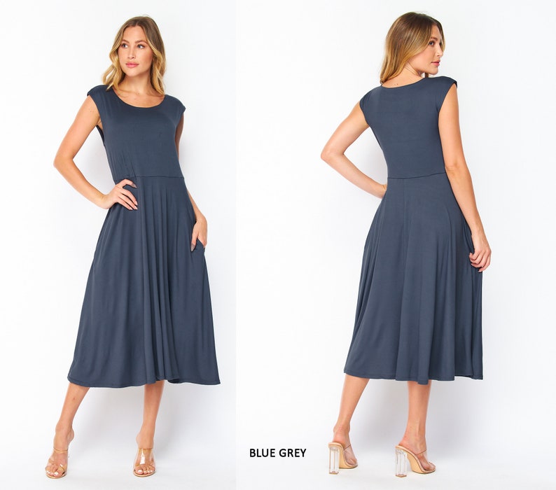 Buttery Soft Short Sleeve Midi Dress with Pockets / Available in Plus size Blue Grey
