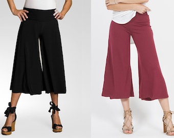 Upcycled Wide Leg Gaucho Pants with Fold Over Waist Band / Great for Maternity / Culottes / Palazzo / Plus Size Pants / Made in USA