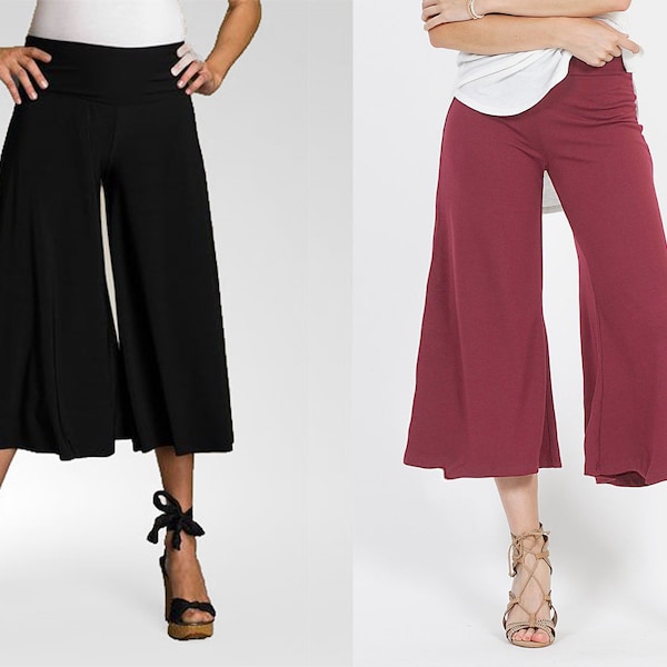 Upcycled Wide Leg Gaucho Pants with Fold Over Waist Band / Great for Maternity / Culottes / Palazzo / Plus Size Pants / Made in USA