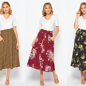 Printed Woven Midi Flared Skirt With Pockets / Paper bag skirt / Plus Size Midi Skirt / Lounge Skirt / Sustainable / Hand Made to Order