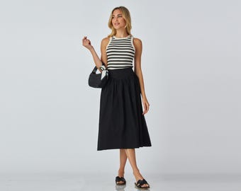 Handmade Cotton Midi Skirt with Pockets: A-Line Elastic Waist -Custom Fit