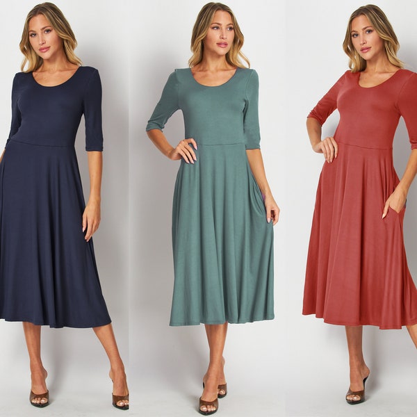 Robe midi sur mesure avec manches aux coudes et poches / Disponible en modèle petite, grande taille et grande taille