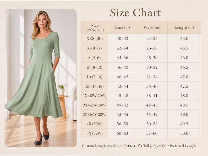 Op de afbeelding: Een vrouw in een saliegroene jurk met ellebooglange mouwen en een uitlopende rok. De jurk heeft zakken en een ronde hals. Een maattabel toont borst-, taille- en lengtematen in cm.