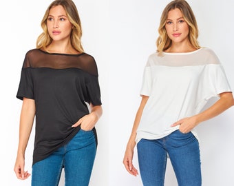 Mesh Yoke Loose Fit Dolman Sleeve Knit Top / Available in Plus Size